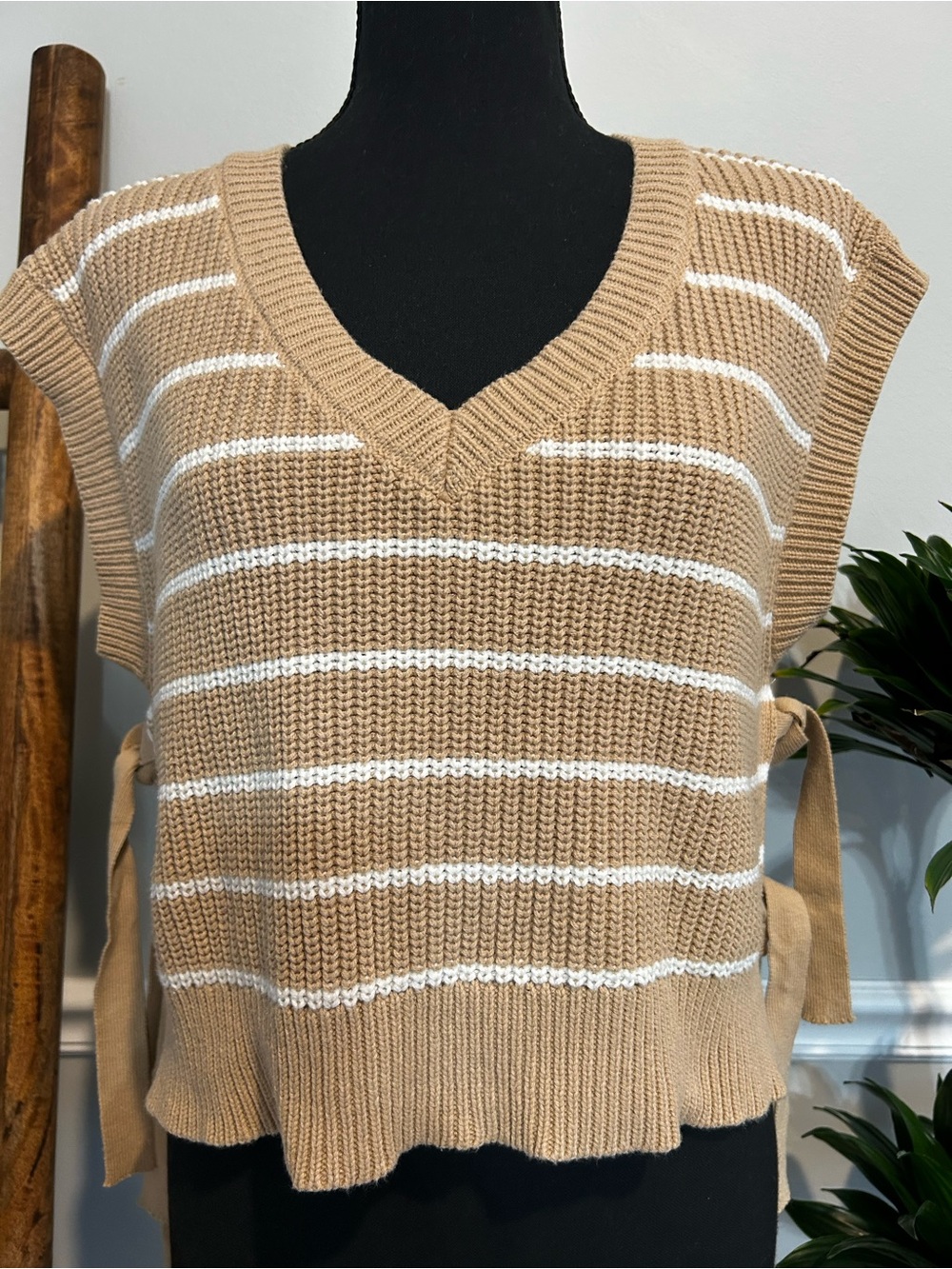 Day + Moon Tan and White Striped V-Neck Sweater Vest with Side Ties Size Small